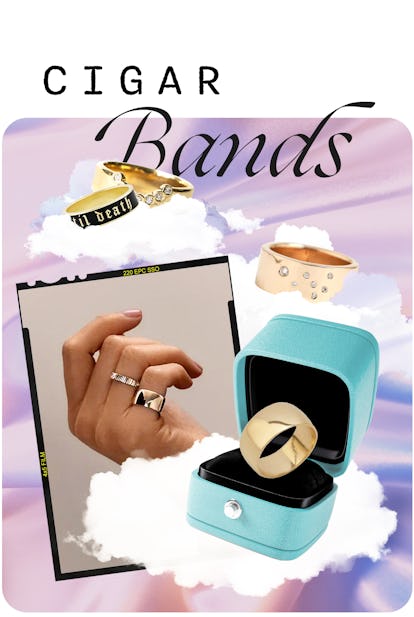 An assortment of cigar band engagement rings.