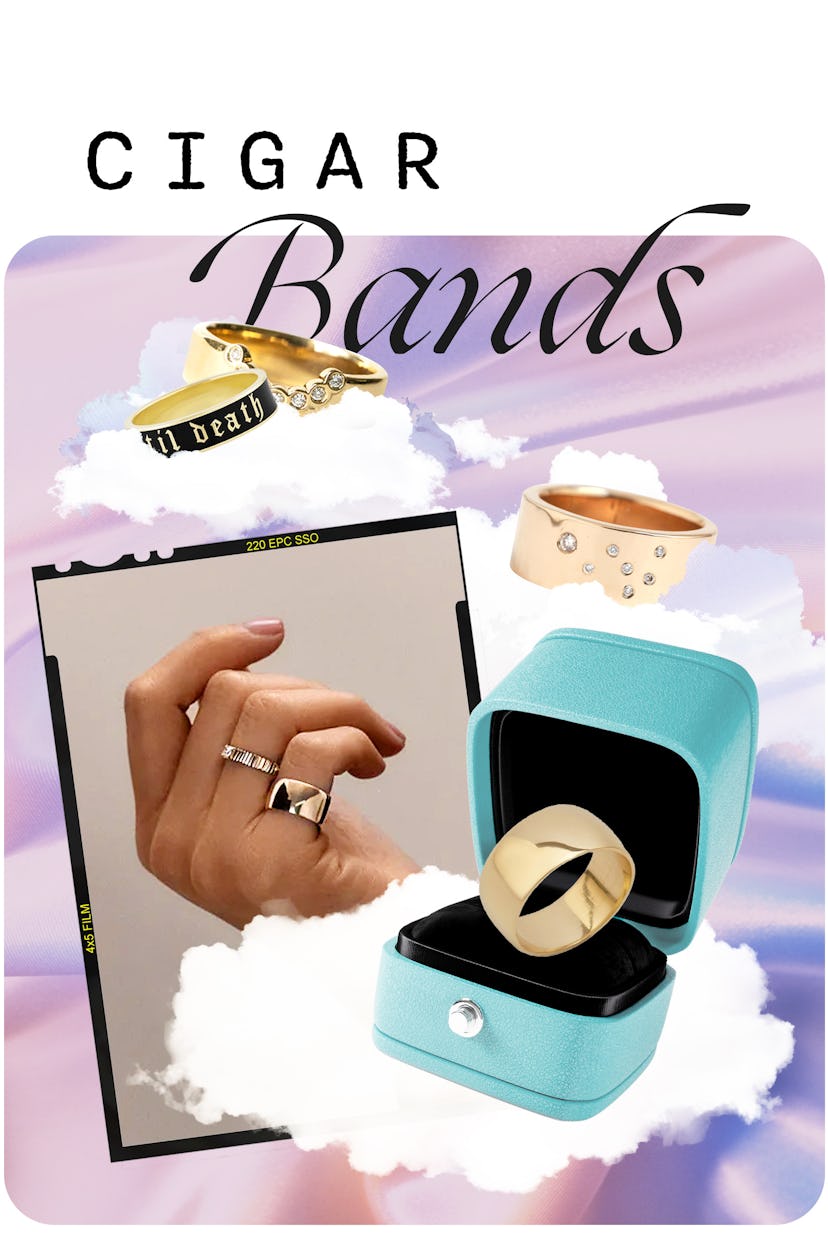 An assortment of cigar band engagement rings.