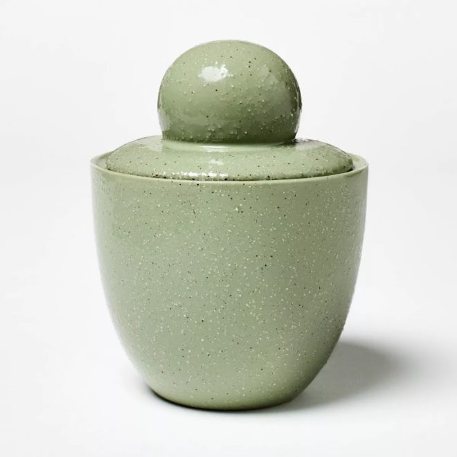 2-Wick 18oz Ceramic Green Flame Candle with Knob Lid