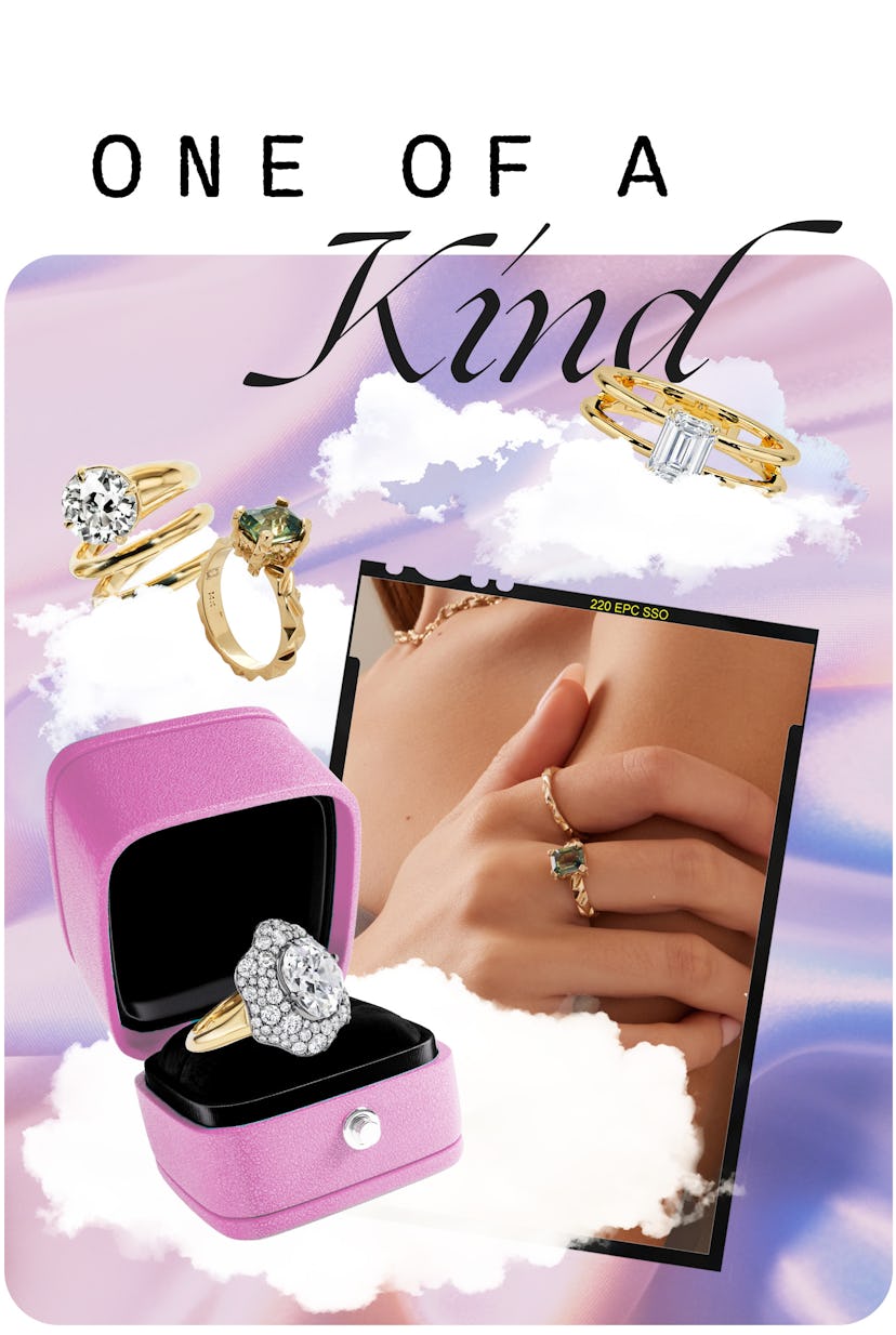 An assortment of one of a kind engagement rings.