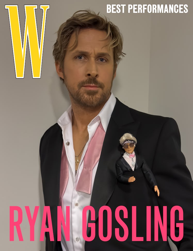 Ryan Gosling wears a custom Gucci suit, shirt, and bowtie; his own jewelry.