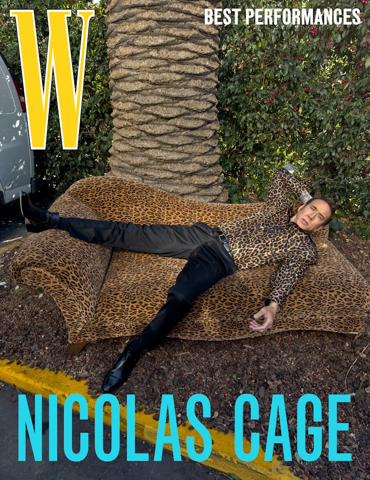 Nicolas Cage wears a Saint Laurent by Anthony Vaccarello shirt; Rolex watch; Falke socks; stylist’s ...