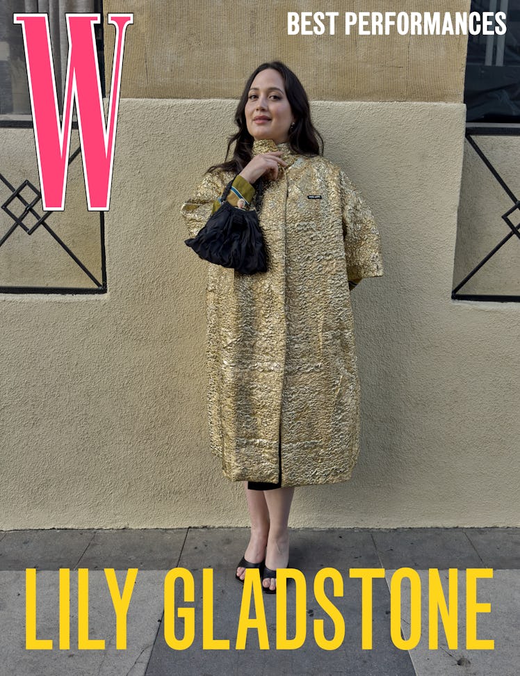 Gladstone wears a Miu Miu coat and top; Gail Bird and Yazzie Johnson at Mahnaz Collection earrings; ...