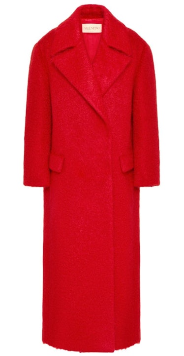 red bouclé coat