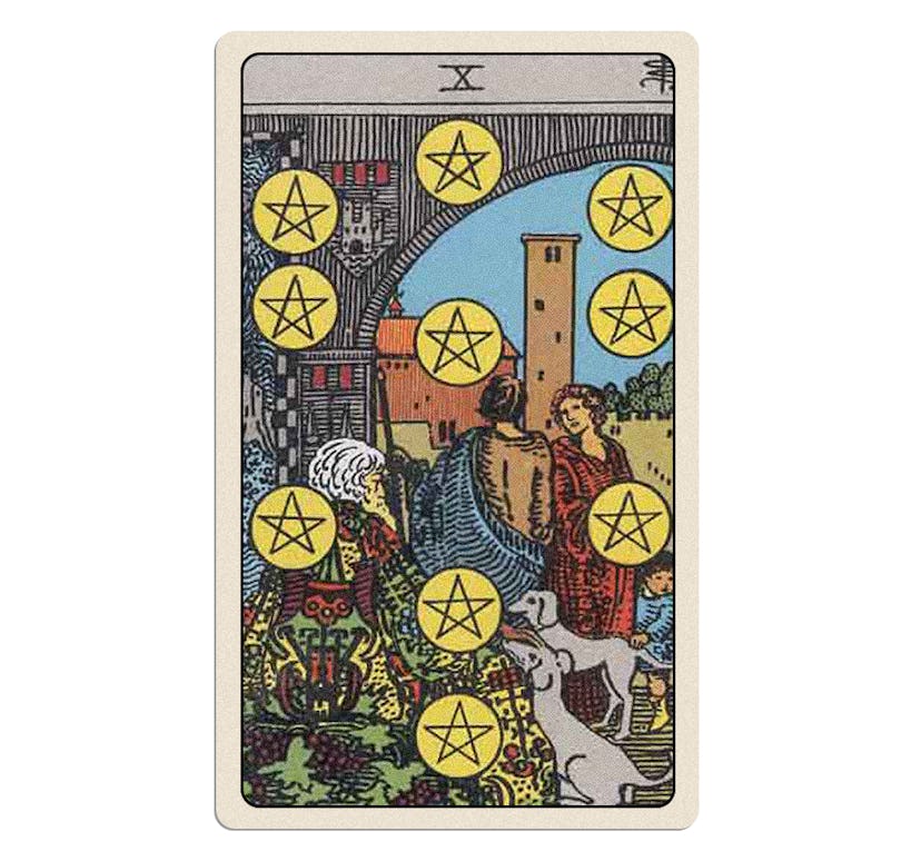 Your winter 2023 tarot reading for love includes the Ten of Pentacles.