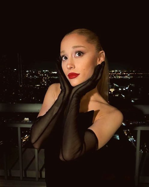 Ariana Grande red lipstick and gloves