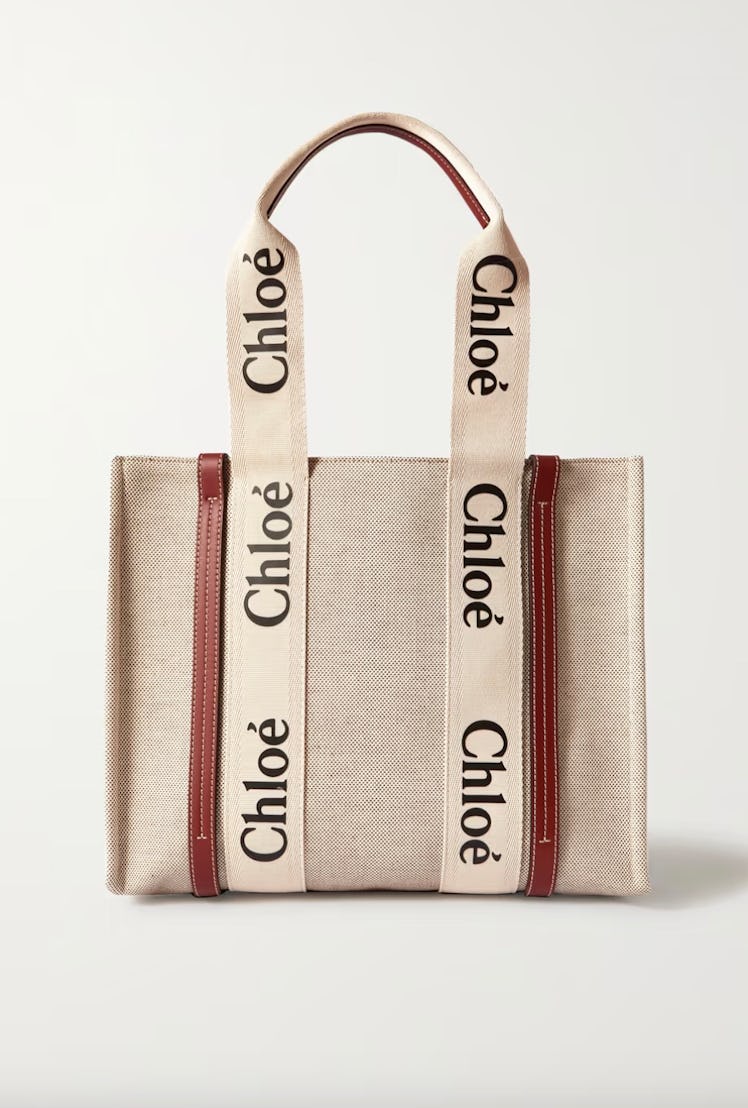 Woody Medium Leather And Webbing-Trimmed Linen Tote