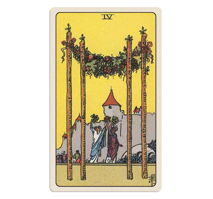 Your winter 2023 tarot reading for love includes the Four of Wands.