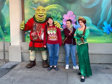 The characters at Universal Studios are dressed up for the holidays. 