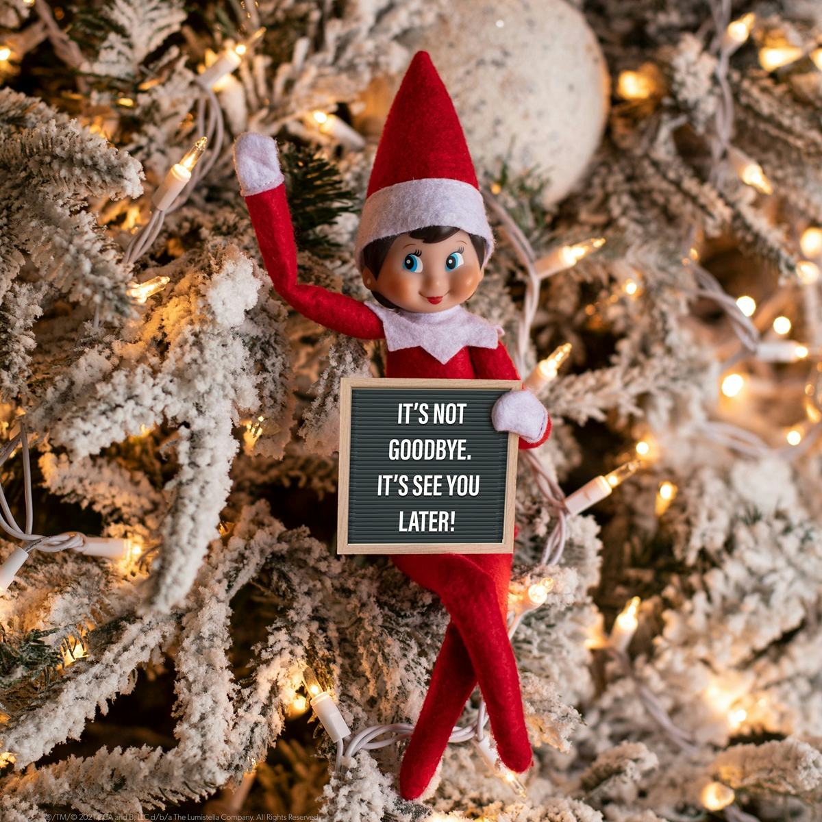 Elf on the shelf with goodbye letterboard; what to do with elf on the shelf after christmas