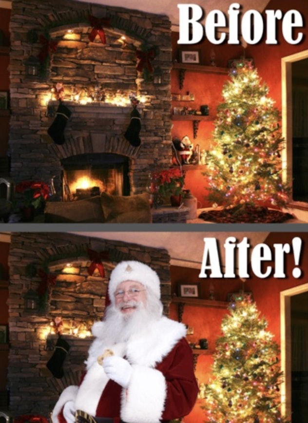 santa photoshopped into someone's living room in front of a fireplace and christmas tree