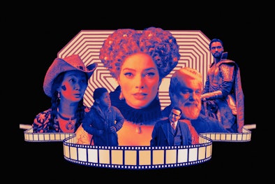A stylized collage with characters from a film set against a geometric background, all within a cine...