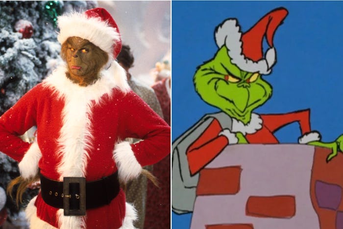 Jim Carrey in How The Grinch Stole Christmas and the 1966 version.