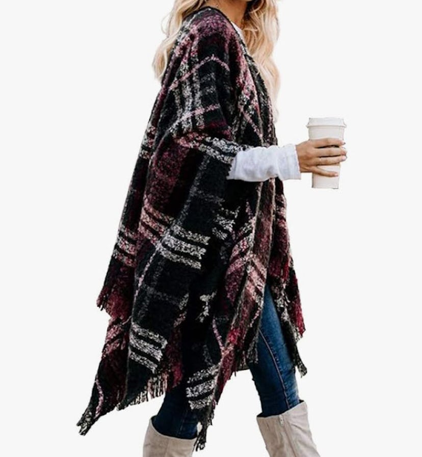 Bestshe Open Front Knitted Plaid Shawl