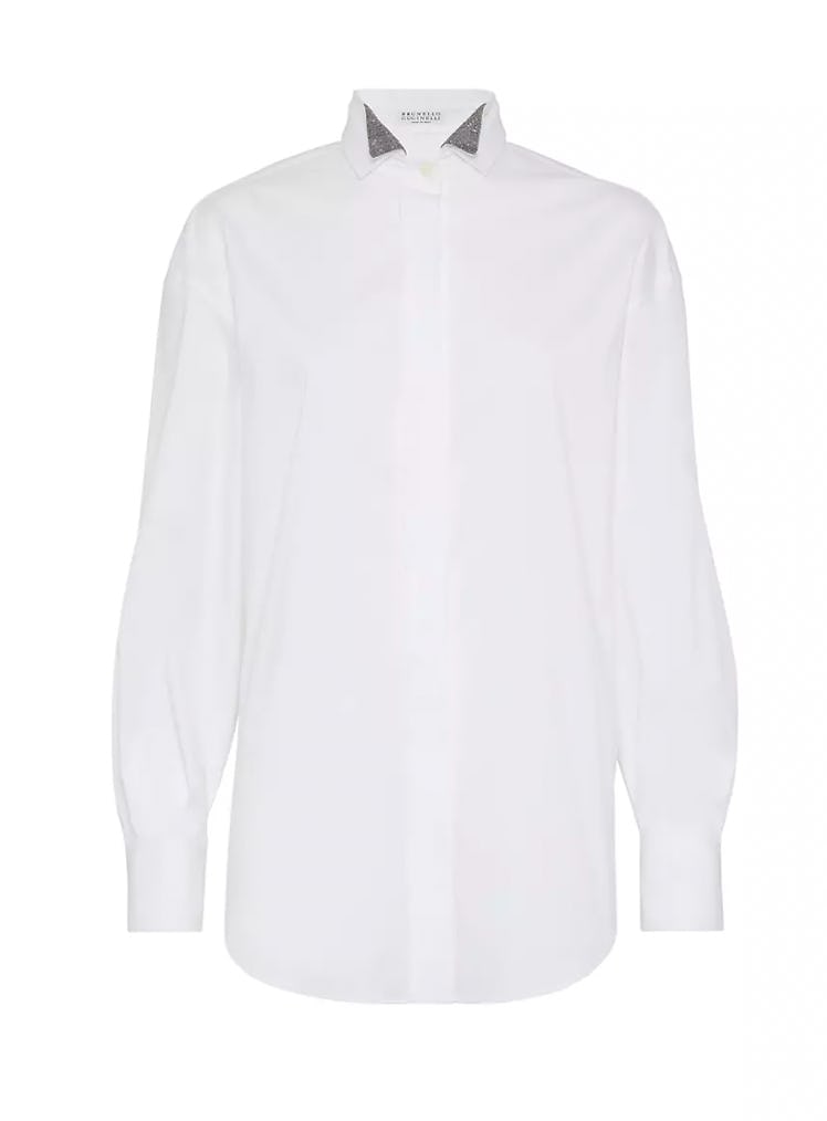 white button down with black bedazzled lapels