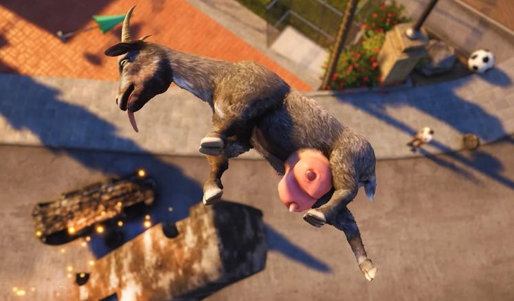 A screenshot of a goat launched in the air from Goat Simulator 3