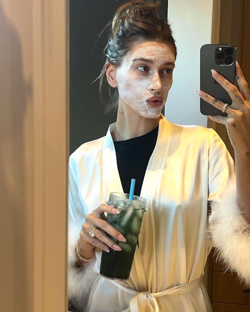 Hailey Bieber doing skin care selfie