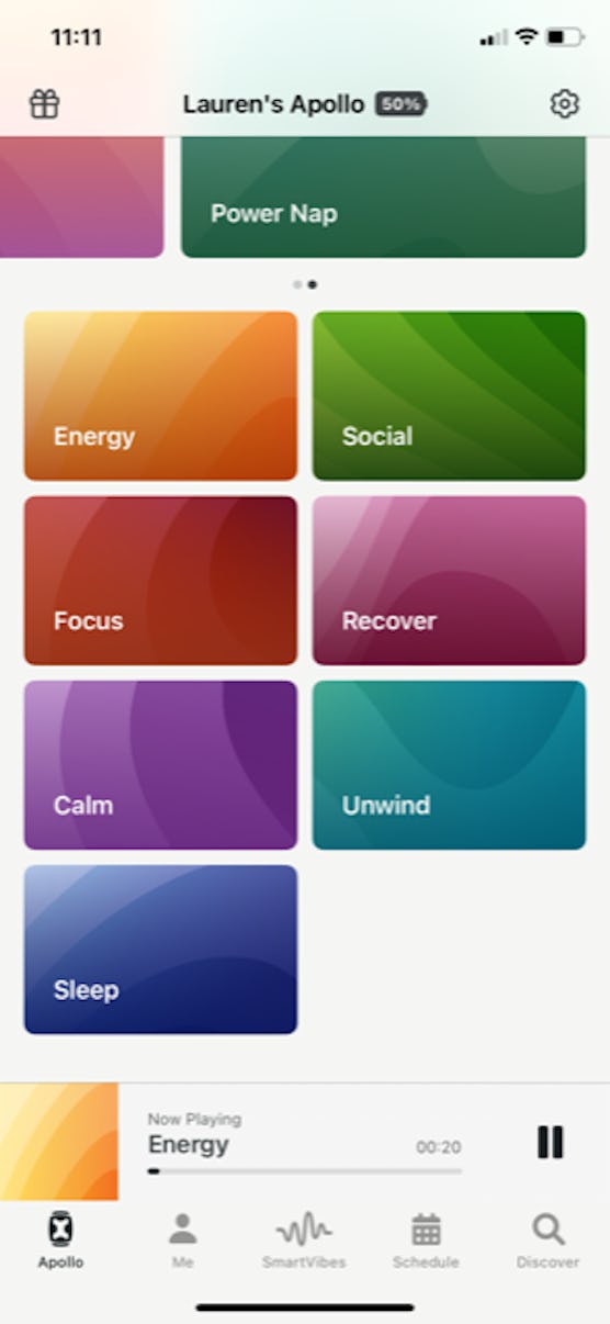 Screenshot of the Apollo app, showing settings for power nap, energy, social, focus, recover, calm, ...