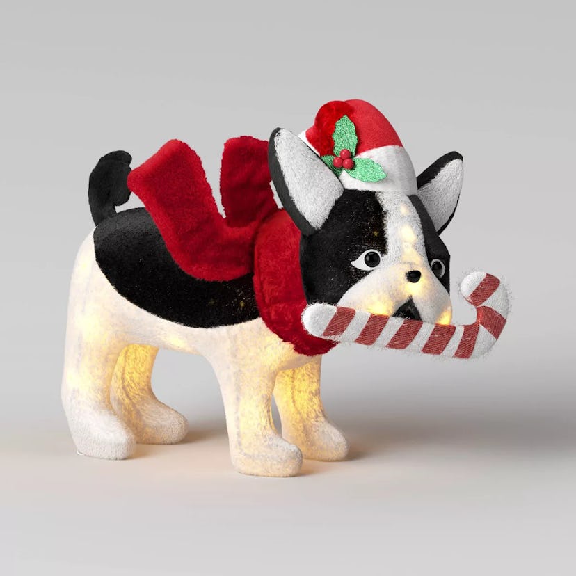 Dog with Candy Cane Christmas Novelty Sculpture