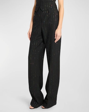 Sequin Embroidered Pinstripe Wide-Leg Pants