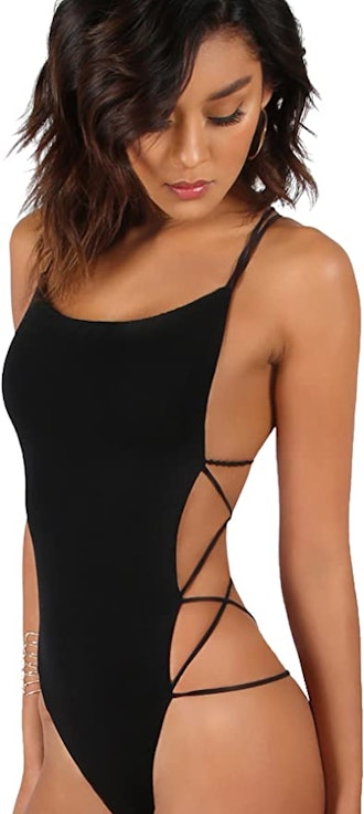 This bodysuit for long torsos has a strappy, open-back design.