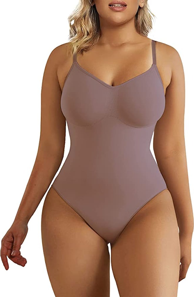 This shaping bodysuit for long torsos has adjustable straps.