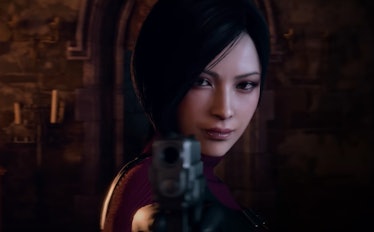 Ada in the red dress holding a gun against Leon's head 