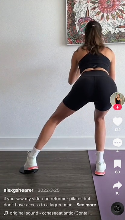 A TikToker does a skater lunge inspired by Lagree at home, which is what Rihanna does to workout. 
