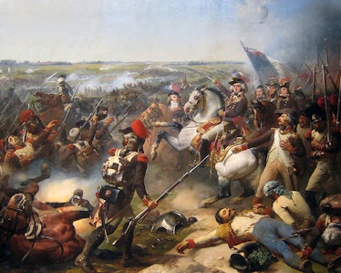 An image of the 1794 Battle of Fleurus, where the  French used a hot air balloon to track Austrian a...