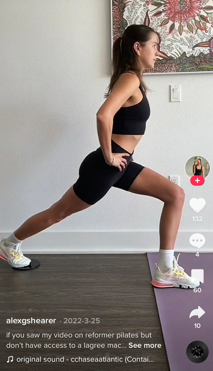 A TikToker does a curtsy lunge Lagree exercises at home inspired by Rihanna's go-to workout. 