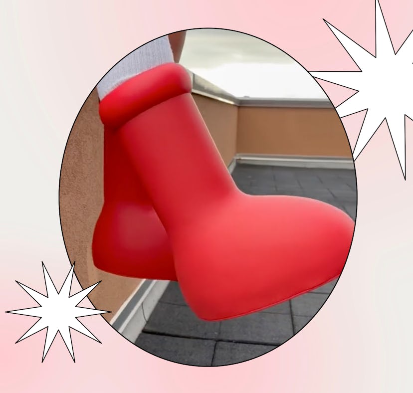 Someone wearing the MSCHF red boots on a rooftop, which are now viral on TikTok.