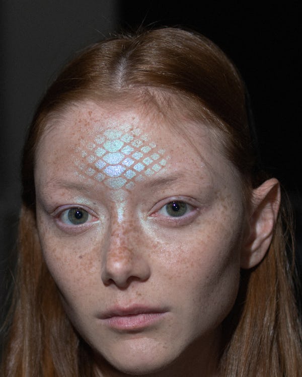 A model's makeup look at Dion Lee's New York Fashion Week Fall/Winter 2023 show.