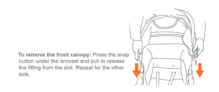 Instructions on how to remove the canopy from the Sit N Stand stroller.