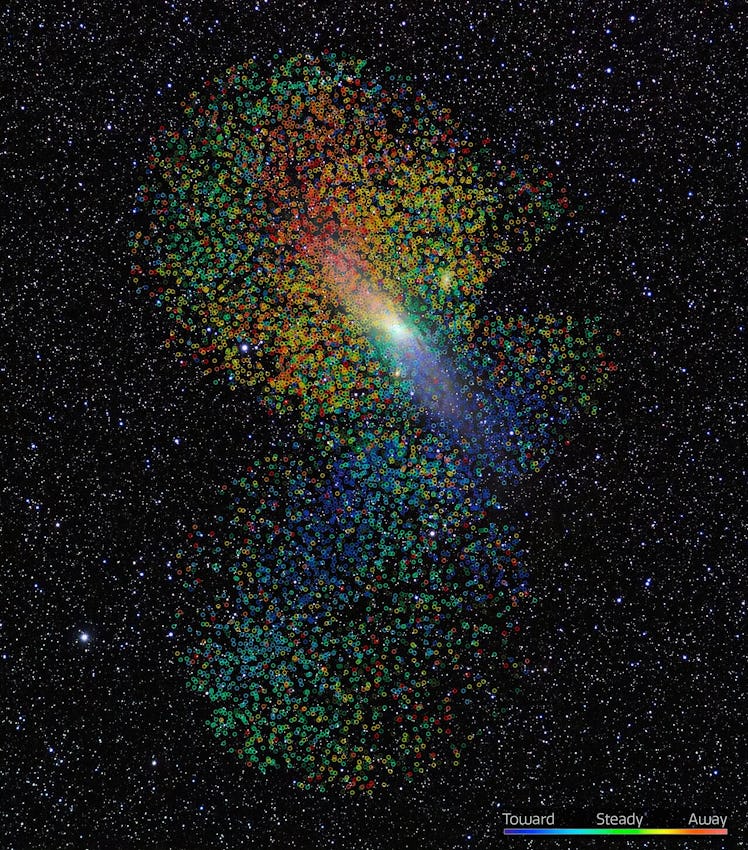 Color image showing the locations of every star in Andromeda Galaxy's Halo, color coded for Doppler ...