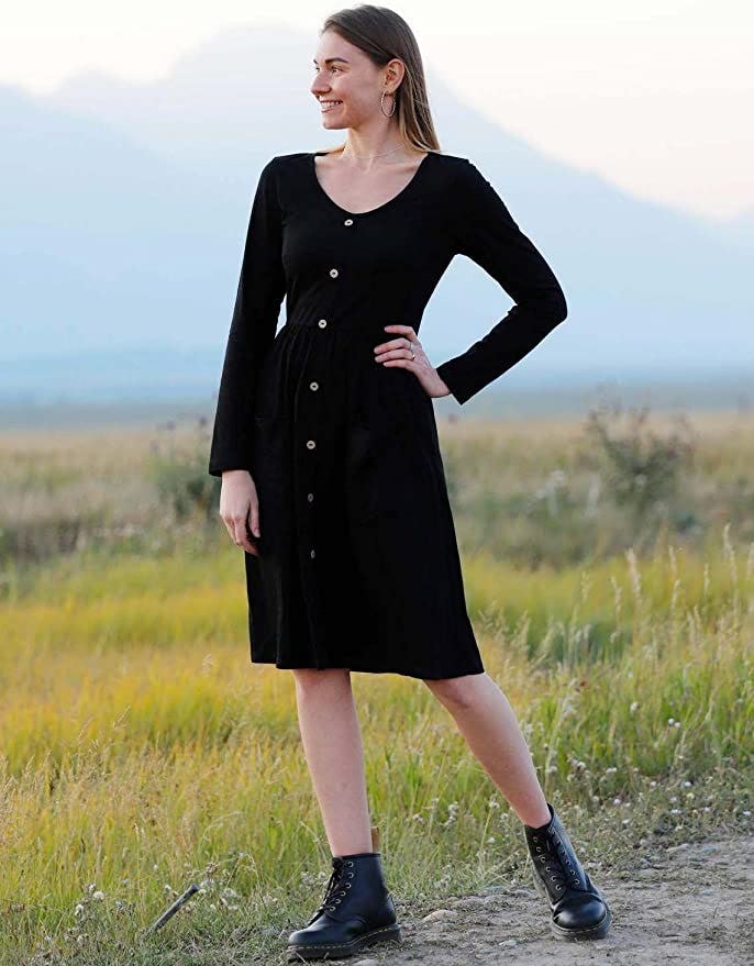 OUGES V-Neck Button Down Skater Dress with Pockets