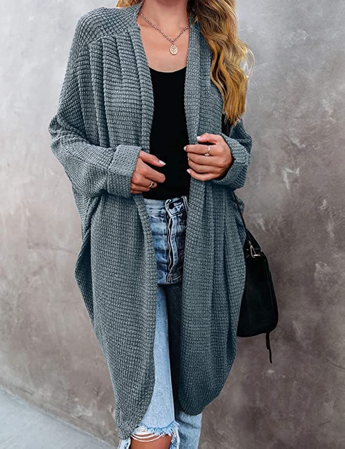 MEROKEETY Waffle Knit Long Sleeve Cardigan