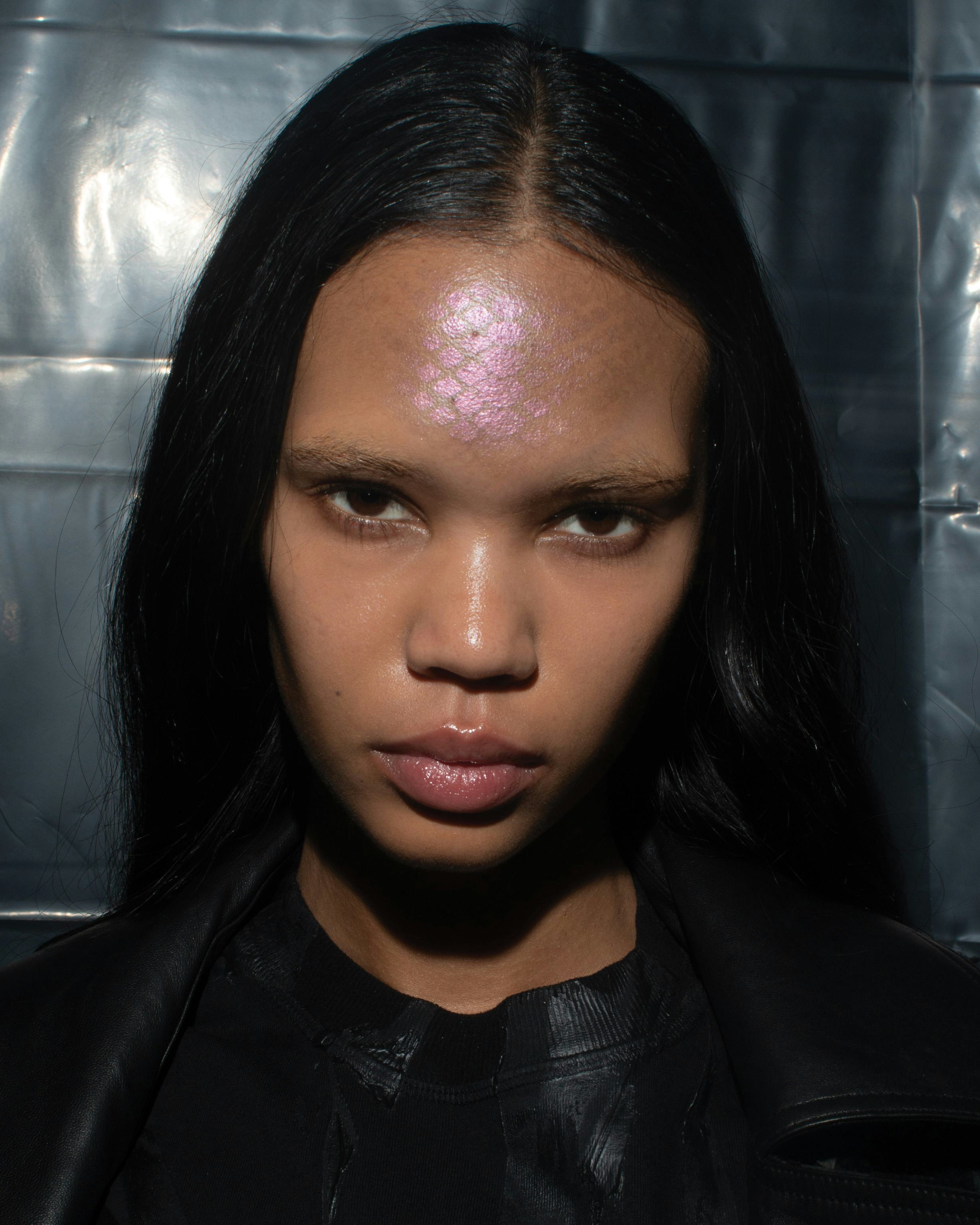 A model&rsquo;s makeup look at Dion Lee&rsquo;s New York Fashion Week Fall/Winter 2023 show.