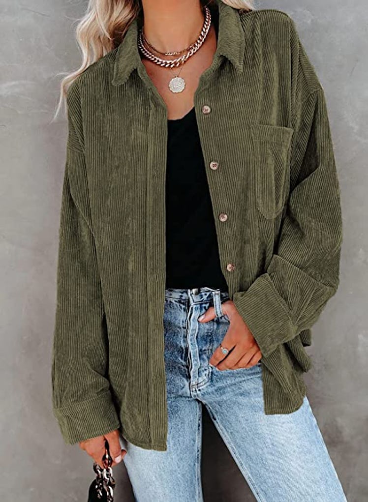 Astylish Long Sleeve Corduroy Button Down Blouse