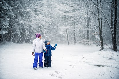 Brother and sister walking through forest in the snow.