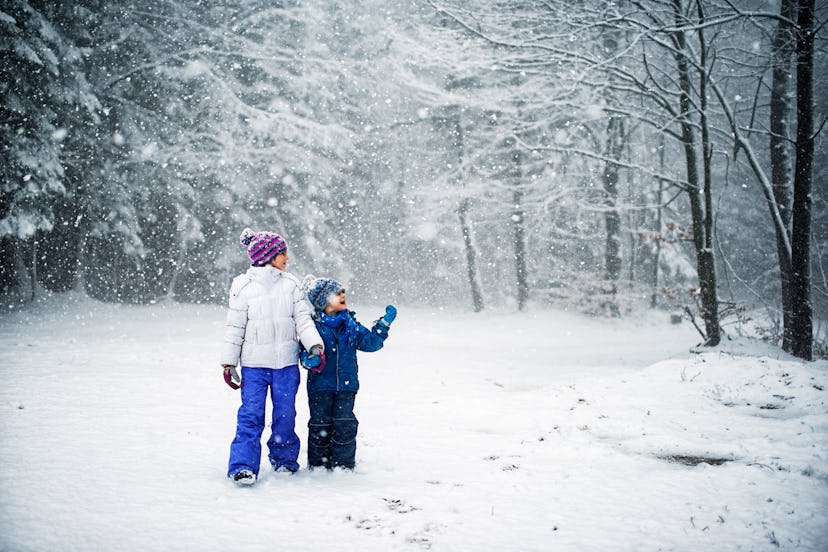 Brother and sister walking through forest in the snow.