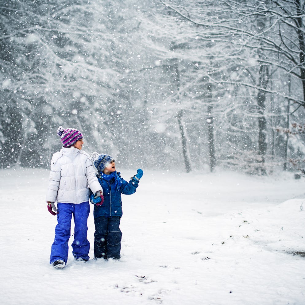Brother and sister walking through forest in the snow.