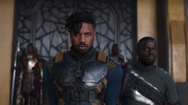 Michael B. Jordan as Erik Killmonger and Daniel Kaluuya as W'Kabi in 2018's Black Panther
