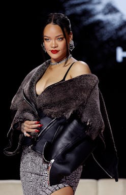 Rihanna poses during the Super Bowl LVII Pregame & Apple Music Halftime Show 