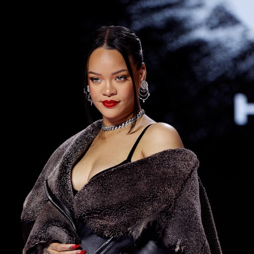 Rihanna poses during the Super Bowl LVII Pregame & Apple Music Halftime Show 