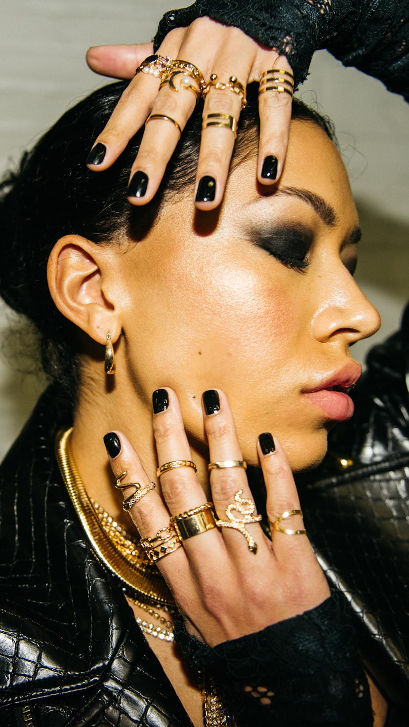 A model with JINsoon black nail polish at Alice & Olivia's NYFW Fall/Winter 2023 show.