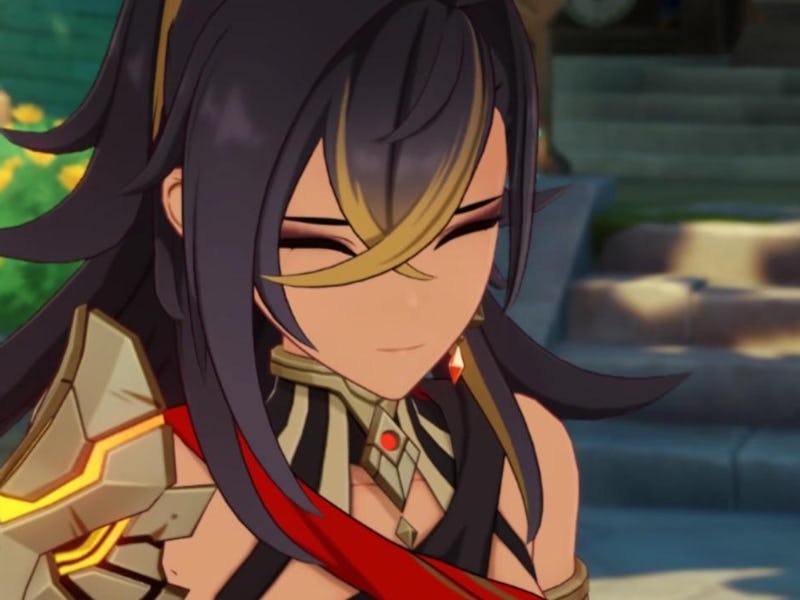 Dehya smiling in Genshin Impact