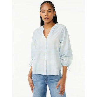 Button Down Top with 3/4-Length Tie Sleeves