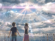 The two main characters from Weathering with You look at the sun