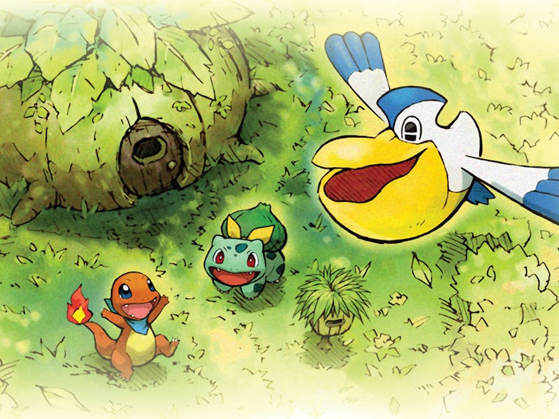 Pelipper flying over Charmander and Bulbasaur