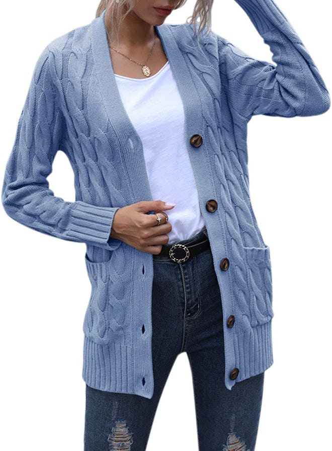 MEROKEETY Cable Knit Button-Up Cardigan